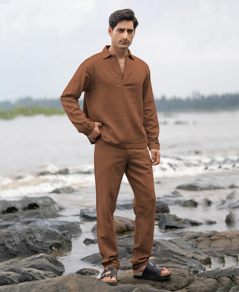 Brown Structured Cotton Kurta Shirt - Image 5