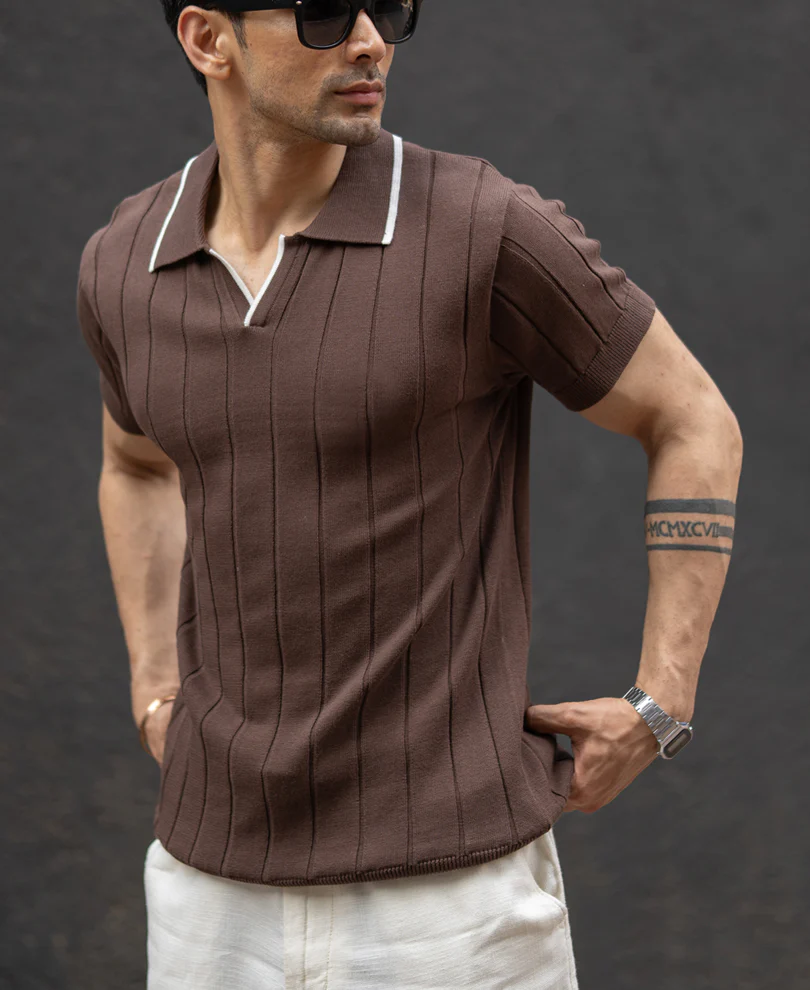 Brown Structured Knit Polo T-Shirt 100% Cotton - Image 2