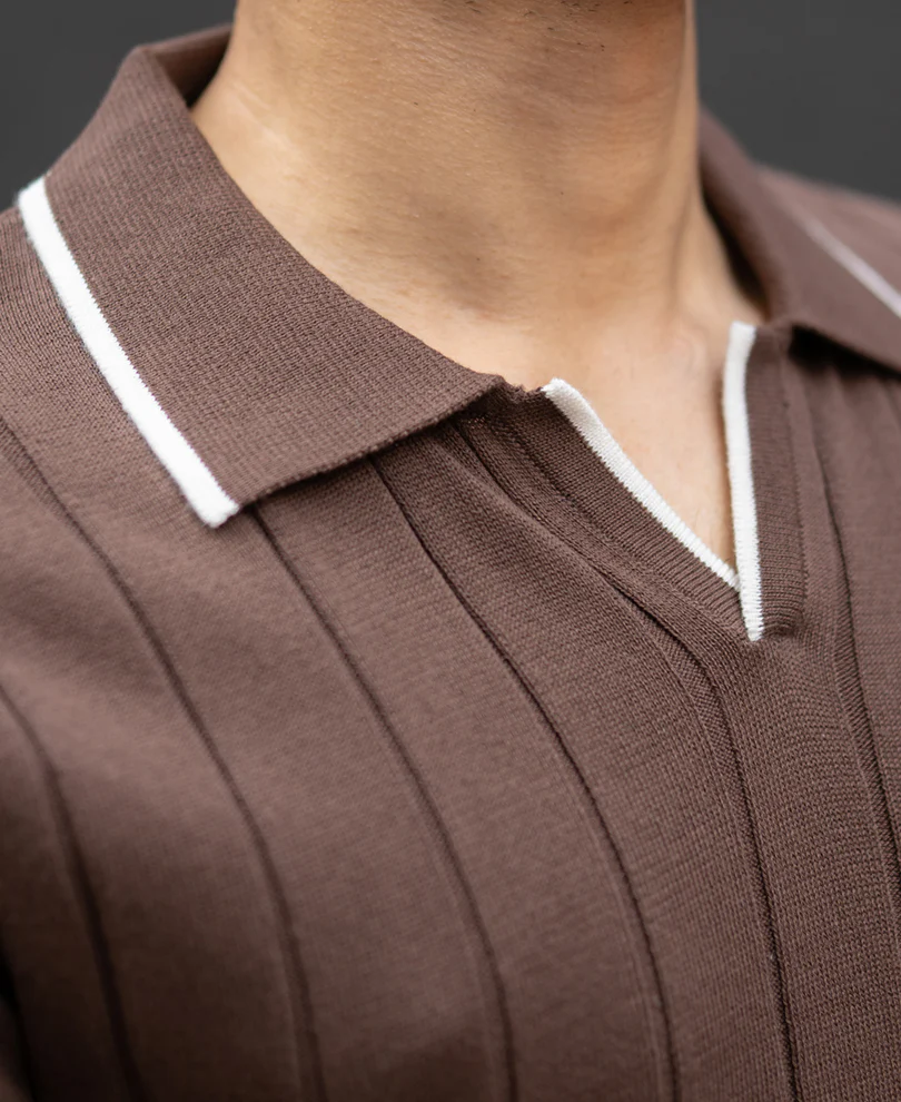 Brown Structured Knit Polo T-Shirt 100% Cotton - Image 3