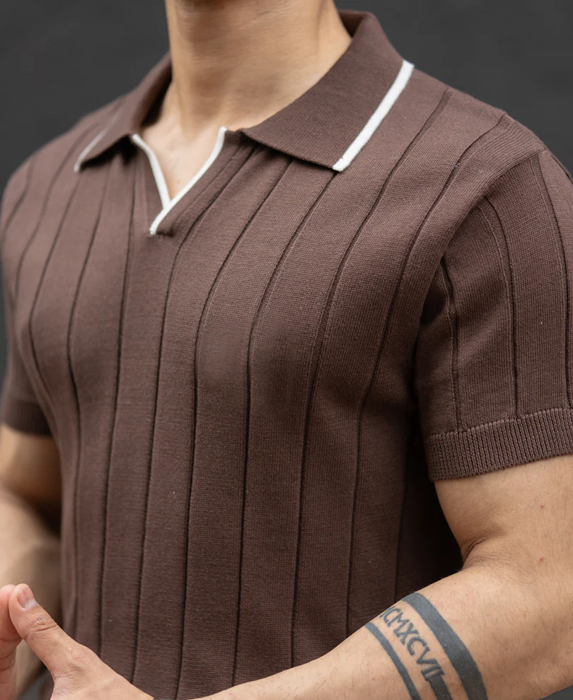 Brown Structured Knit Polo T-Shirt 100% Cotton - Image 4