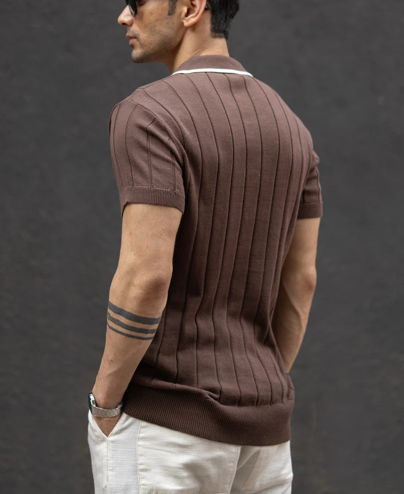 Brown Structured Knit Polo T-Shirt 100% Cotton - Image 5