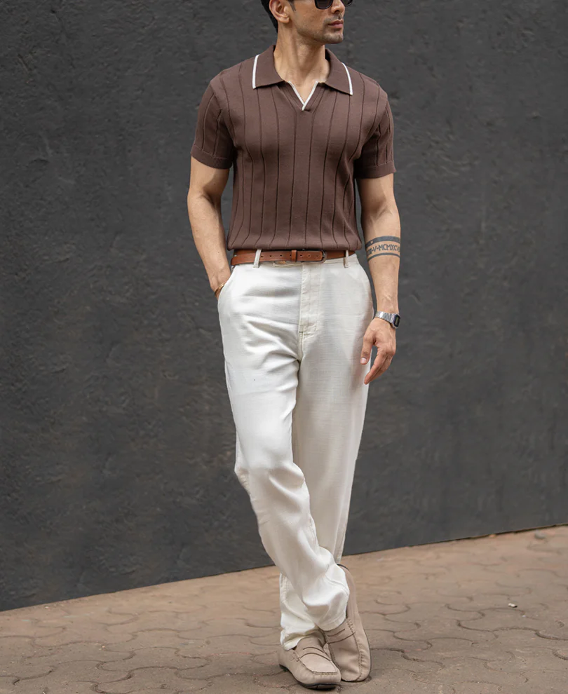 Brown Structured Knit Polo T-Shirt 100% Cotton - Image 6