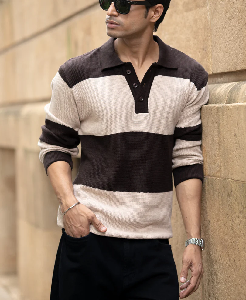 Brown Structured Knit Striped T-Shirt 100% Cotton - Image 2