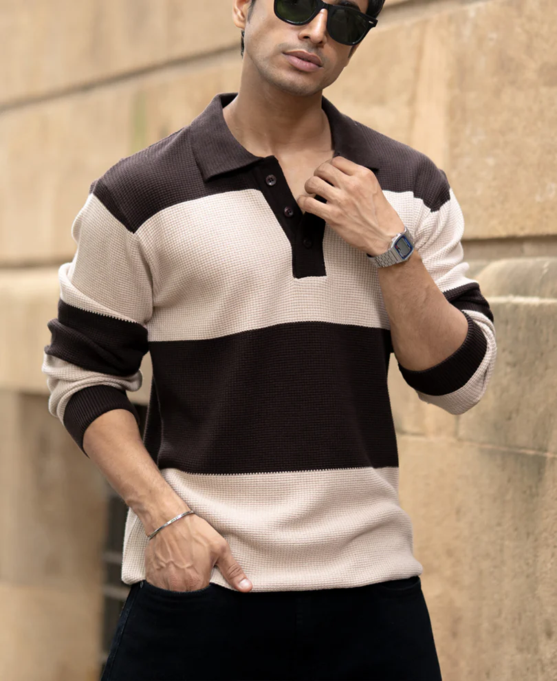 Brown Structured Knit Striped T-Shirt 100% Cotton - Image 3