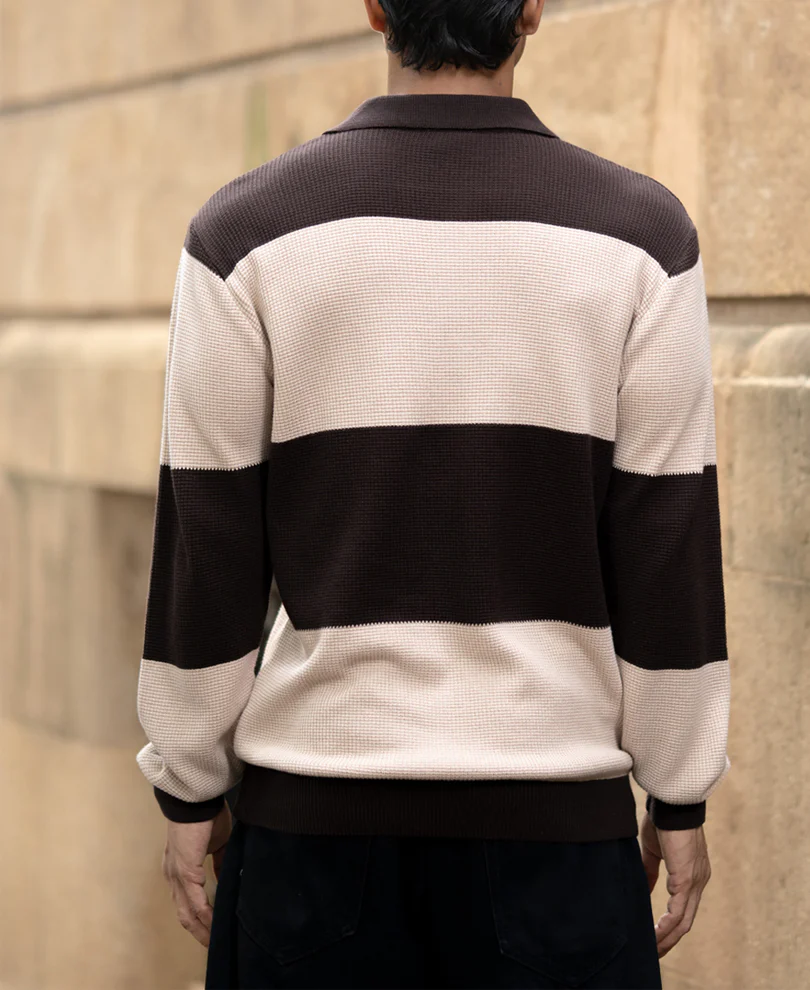 Brown Structured Knit Striped T-Shirt 100% Cotton - Image 5