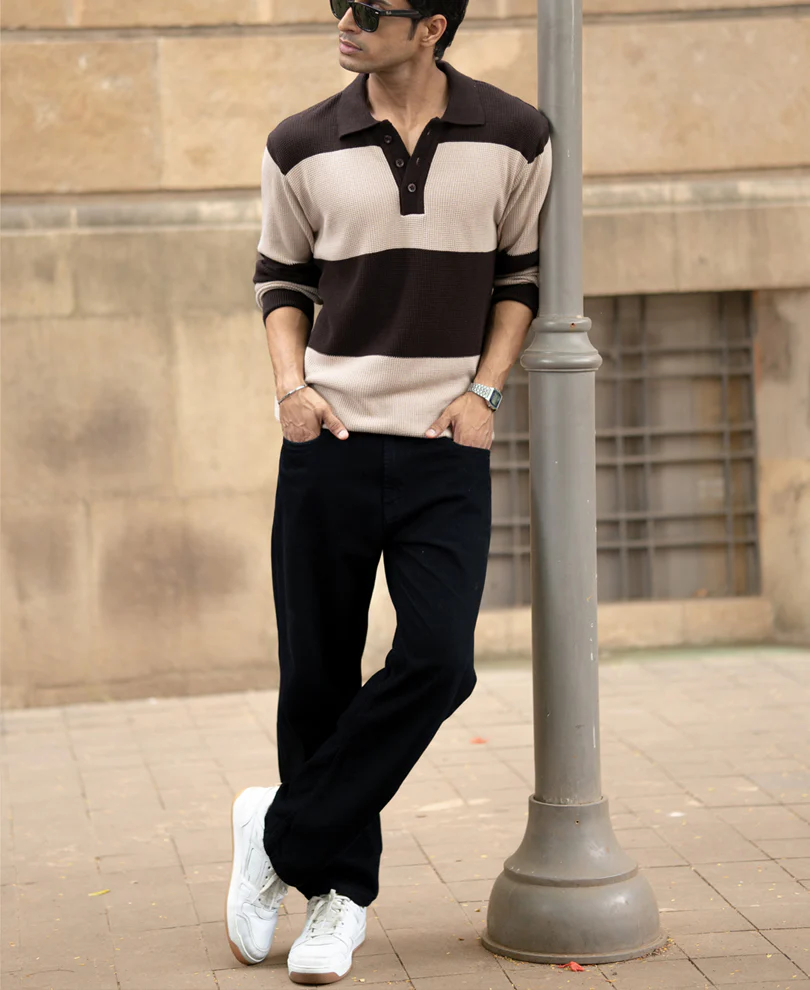 Brown Structured Knit Striped T-Shirt 100% Cotton - Image 6