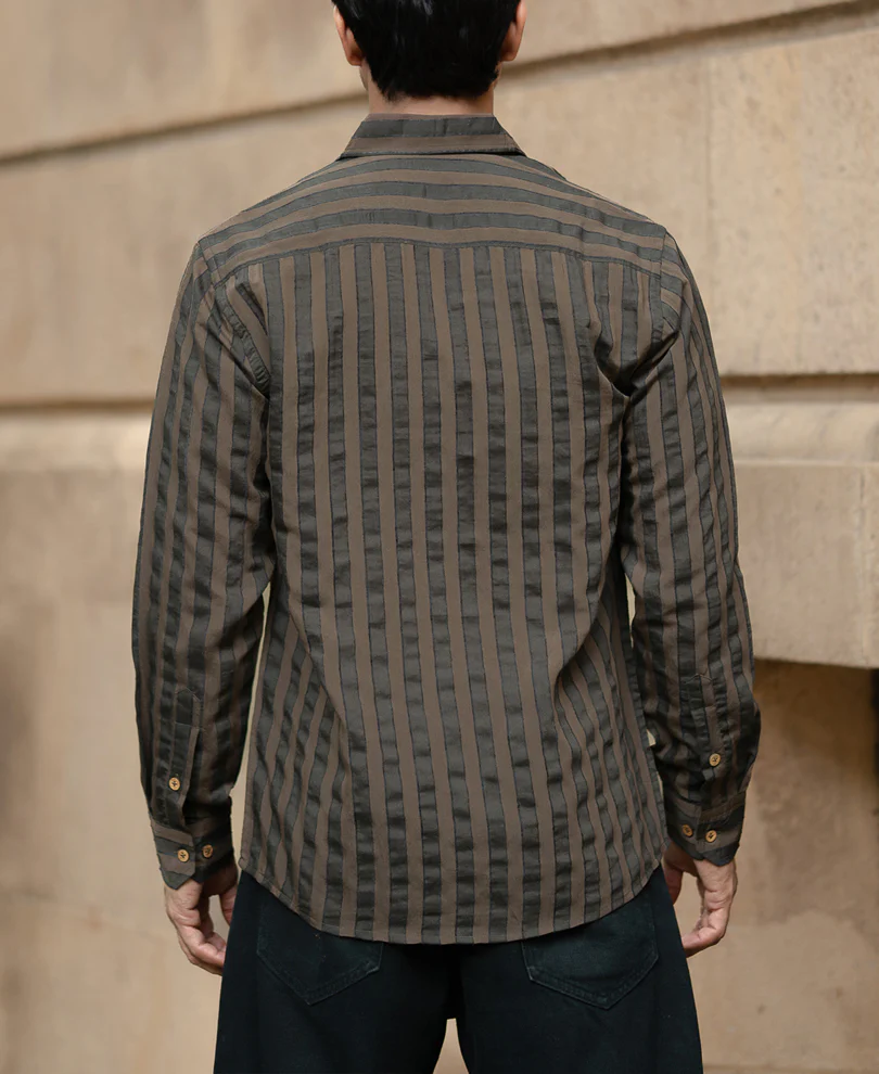 Brown Structured Self Striped Shirt - Image 5