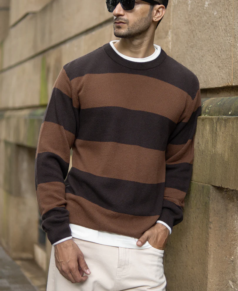 Brown Structured Stripe T-Shirt 100% Cotton - Image 2