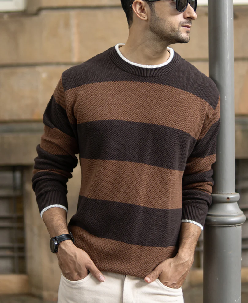 Brown Structured Stripe T-Shirt 100% Cotton - Image 3