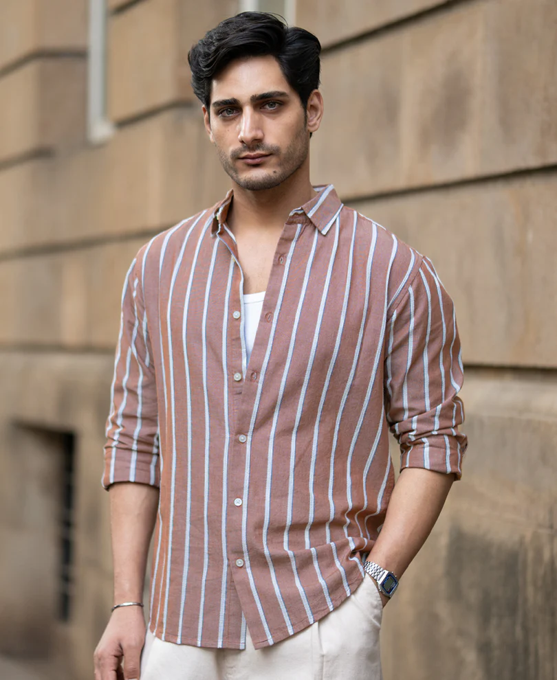 Brown Structured Striped Shirt 100% Cotton - Image 2