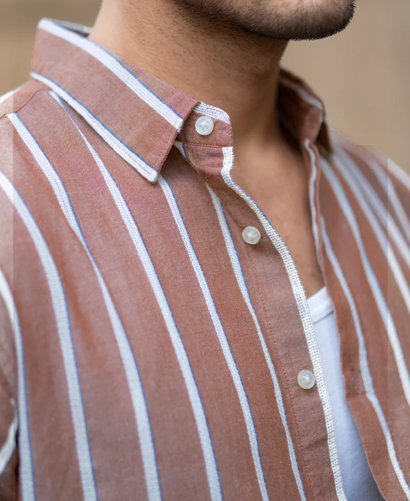 Brown Structured Striped Shirt 100% Cotton - Image 3