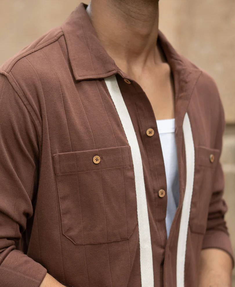 Brown Tape Detail Shirt 100% Cotton - Image 3