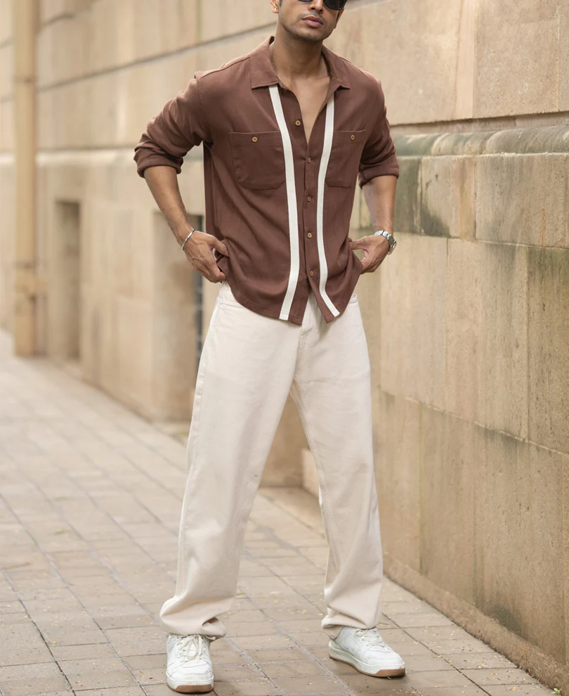 Brown Tape Detail Shirt 100% Cotton - Image 6