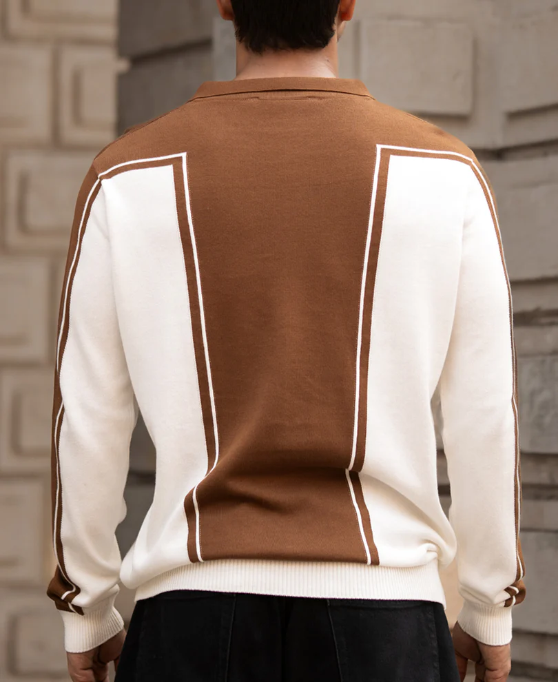 Brown-White Colour Blocked Polo T-Shirt 100% Cotton - Image 3