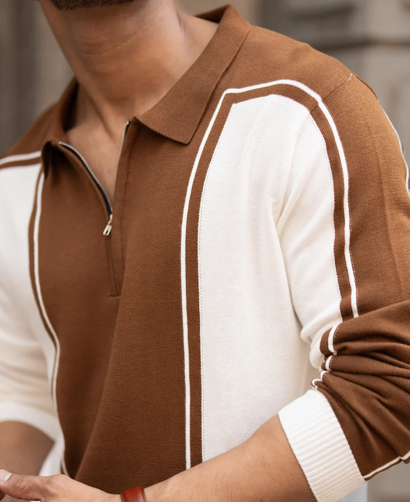 Brown-White Colour Blocked Polo T-Shirt 100% Cotton - Image 4