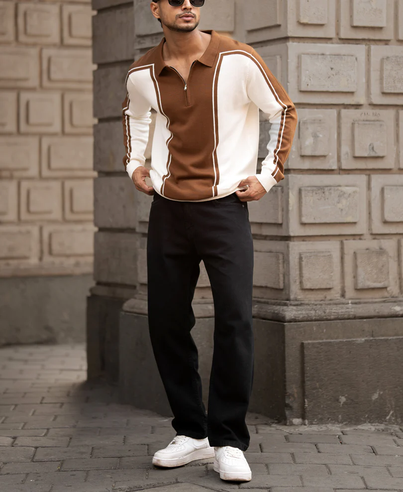 Brown-White Colour Blocked Polo T-Shirt 100% Cotton - Image 5