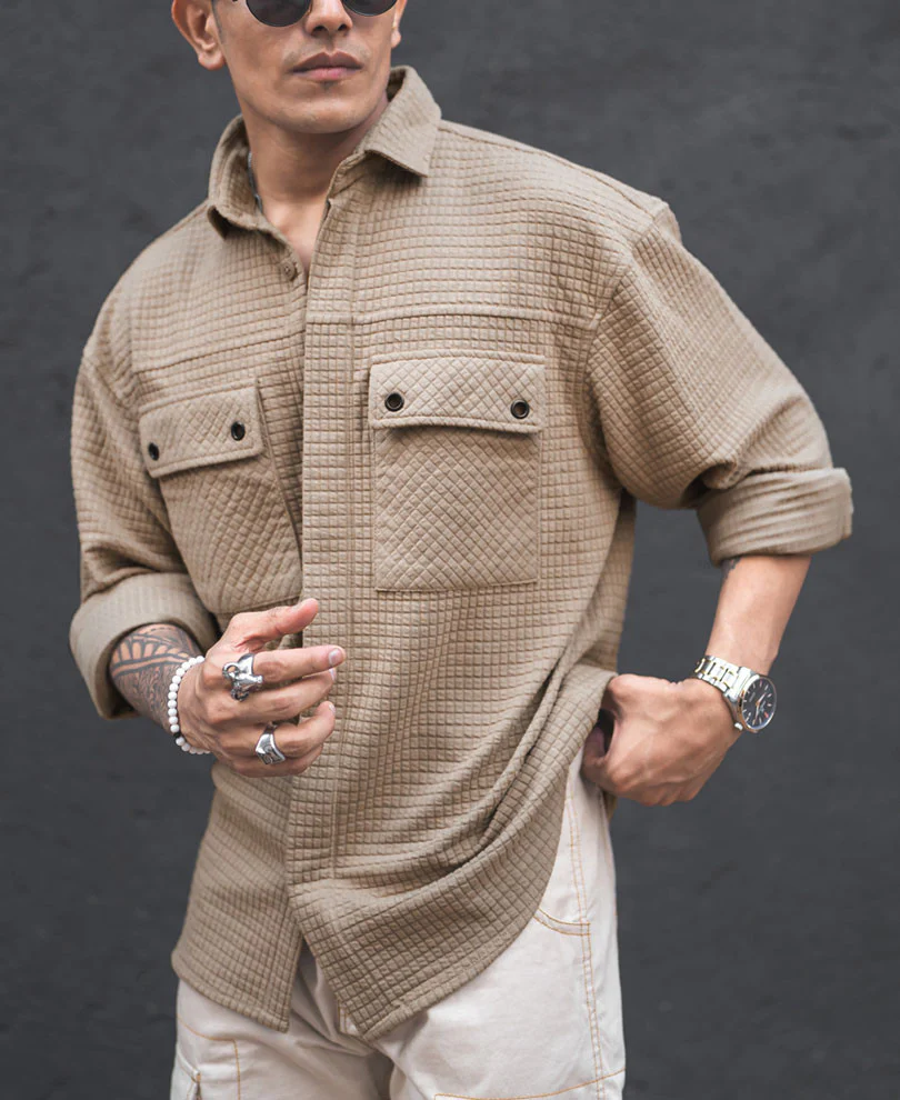 Camel Structured Double Pockets Shacket Oversized Shirt - Image 3