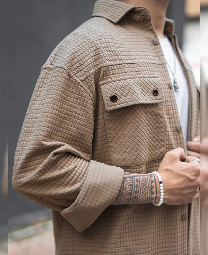 Camel Structured Double Pockets Shacket Oversized Shirt - Image 5