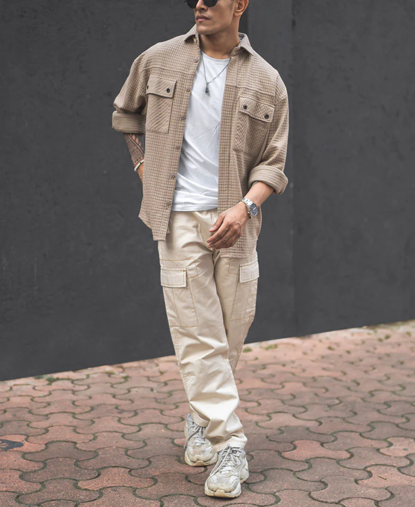 Camel Structured Double Pockets Shacket Oversized Shirt - Image 6