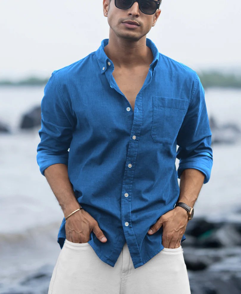 Cerulean Blue Linen Blend Shirt - Image 3