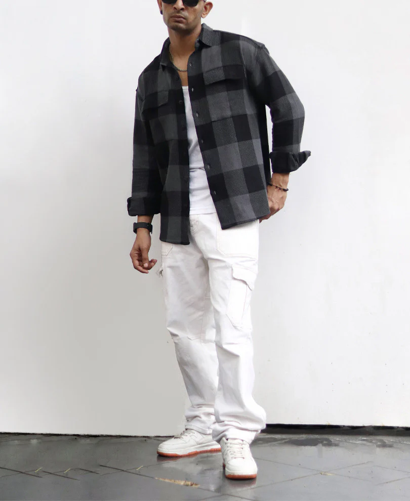 Charcoal Black Checks Structured Oversize Drop Shoulder Shirt - Image 3