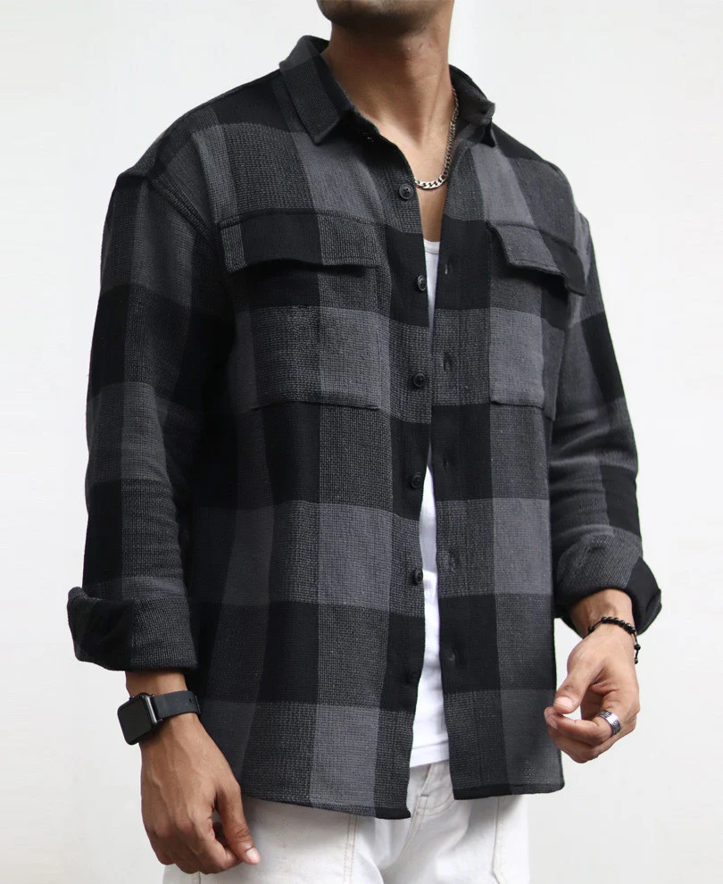 Charcoal Black Checks Structured Oversize Drop Shoulder Shirt - Image 5