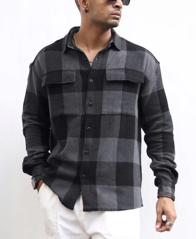 Charcoal Black Checks Structured Oversize Drop Shoulder Shirt - Image 6