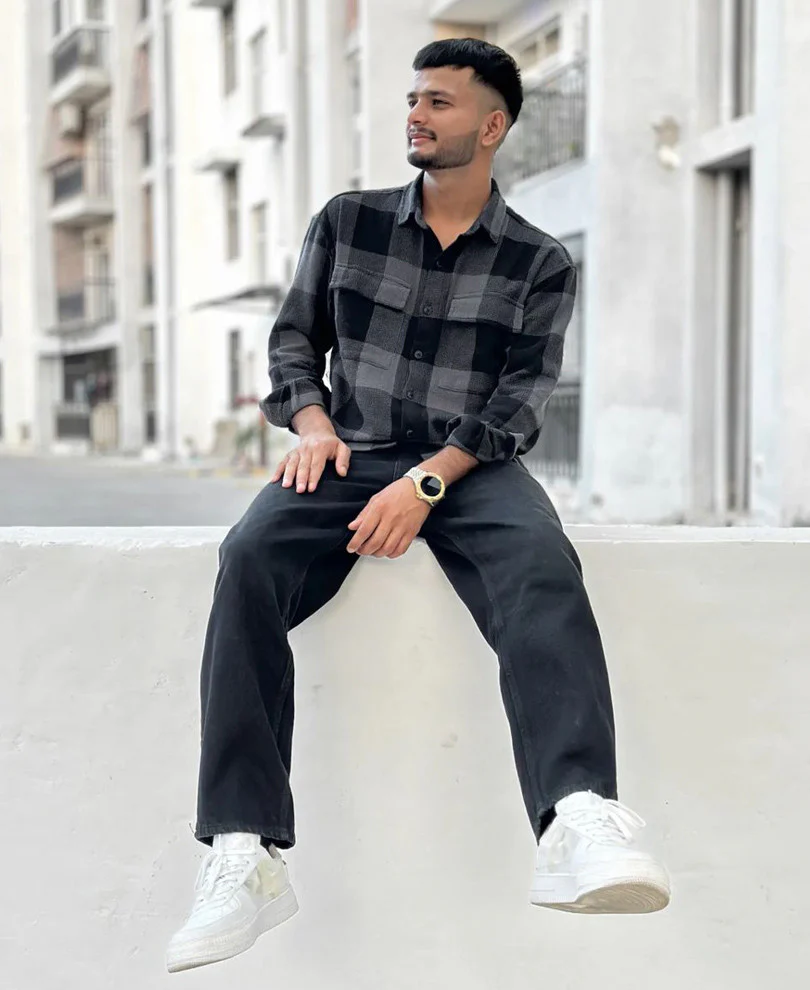 Charcoal Black Checks Structured Oversize Drop Shoulder Shirt - Image 7