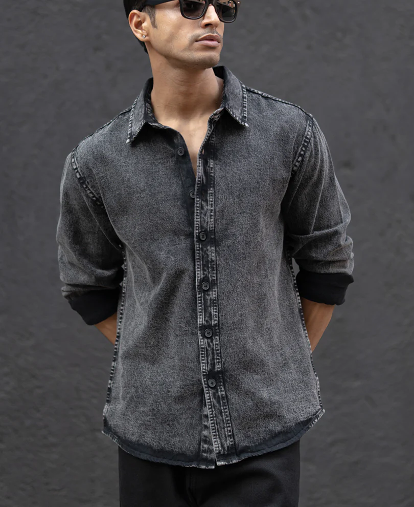 Charcoal Black Washed Denim Overshirt 100% Cotton - Image 2