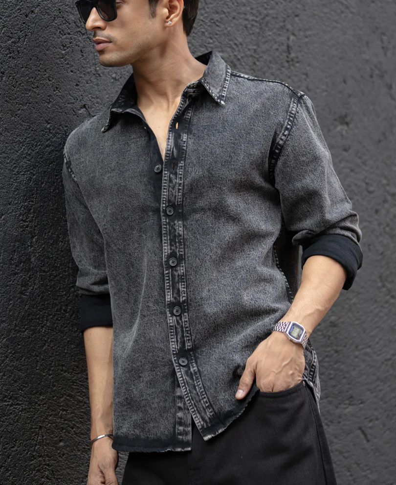 Charcoal Black Washed Denim Overshirt 100% Cotton - Image 3