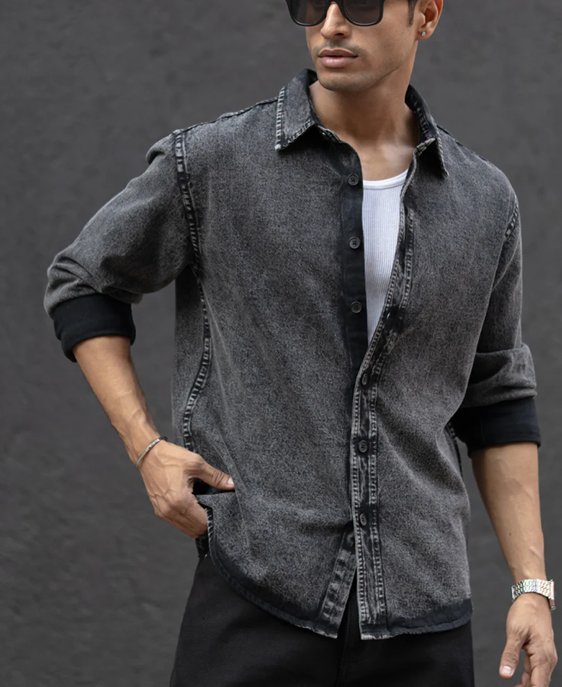 Charcoal Black Washed Denim Overshirt 100% Cotton - Image 4