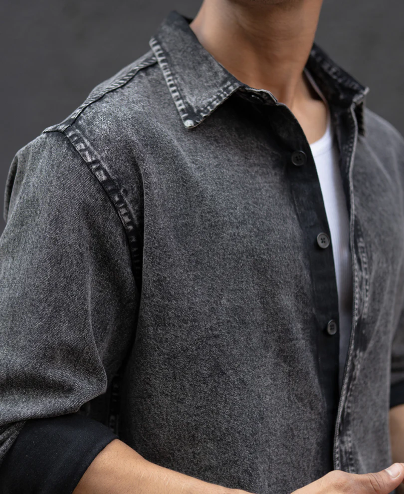 Charcoal Black Washed Denim Overshirt 100% Cotton - Image 6