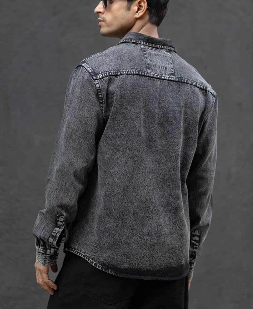 Charcoal Black Washed Denim Overshirt 100% Cotton - Image 7