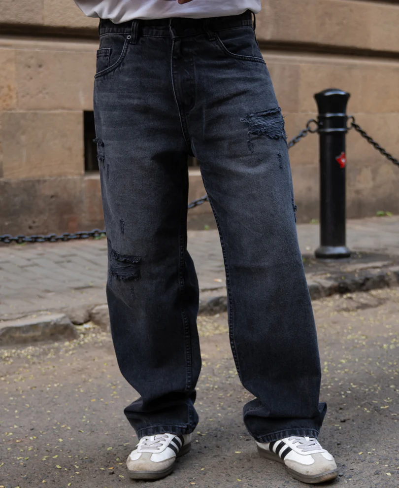 Charcoal Distressed Baggy Jeans 100% Cotton - Image 2