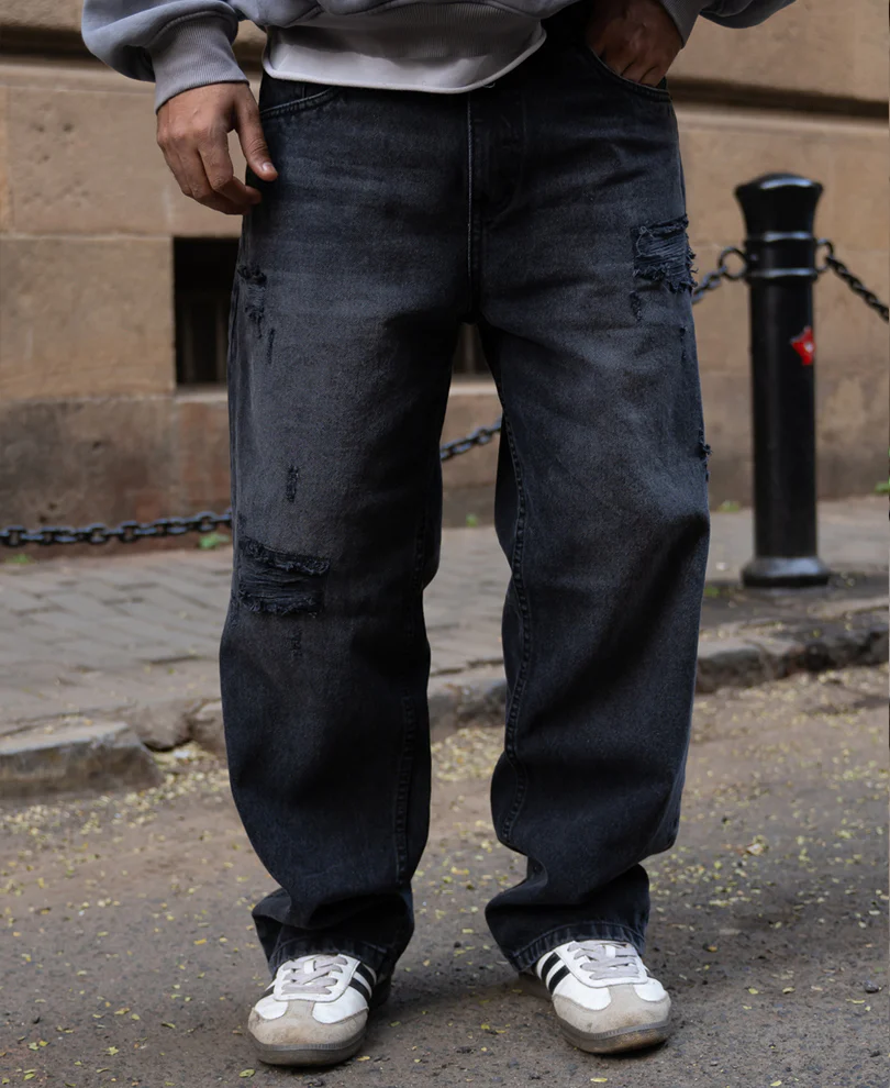 Charcoal Distressed Baggy Jeans 100% Cotton - Image 3