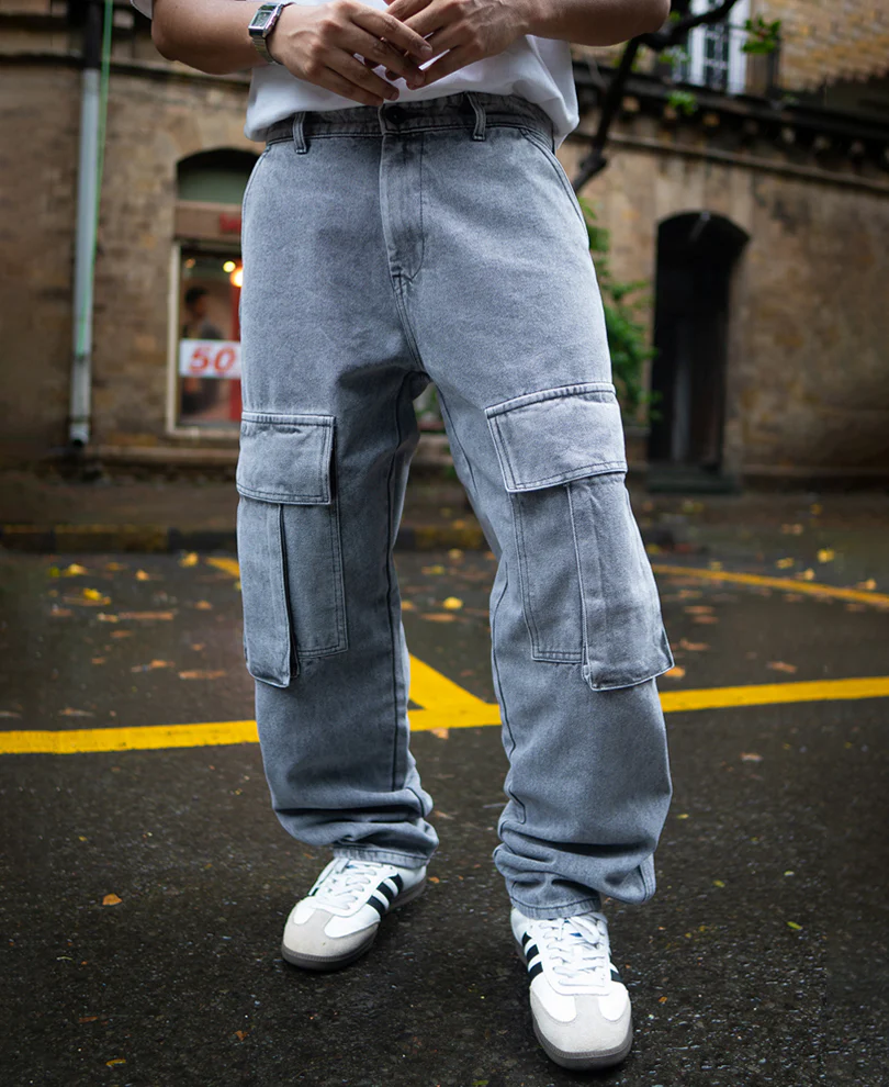 Charcoal Grey Baggy Fit Denim Jeans with Cargo Pockets 100% Cotton - Image 3