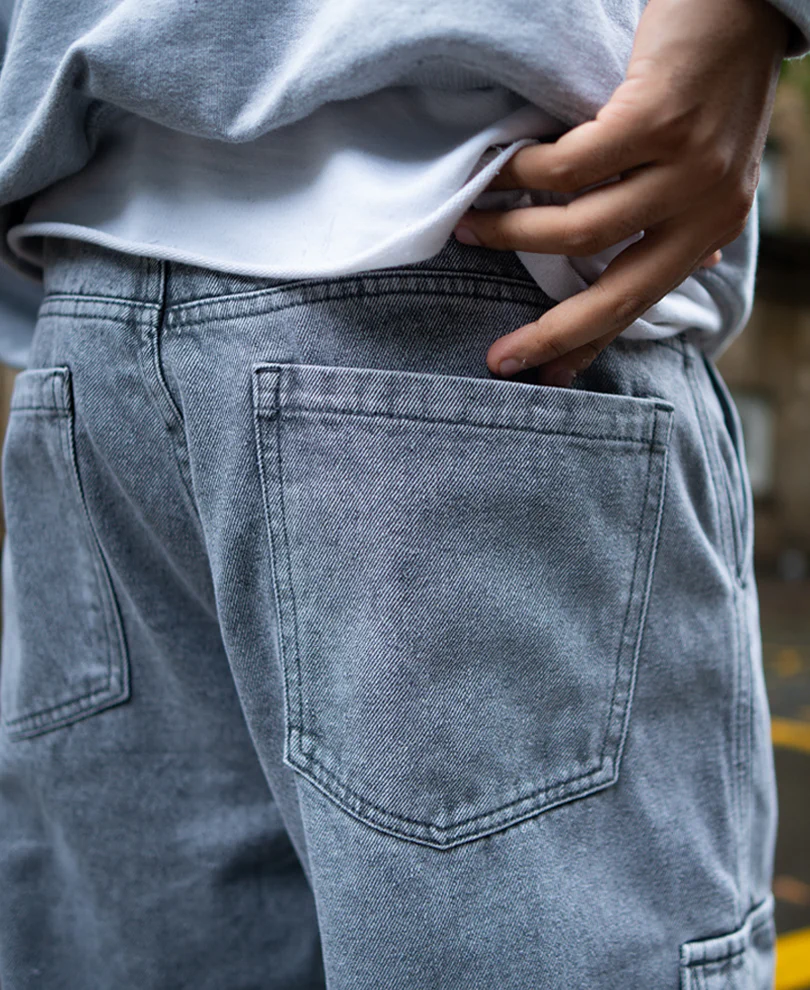 Charcoal Grey Baggy Fit Denim Jeans with Cargo Pockets 100% Cotton - Image 4