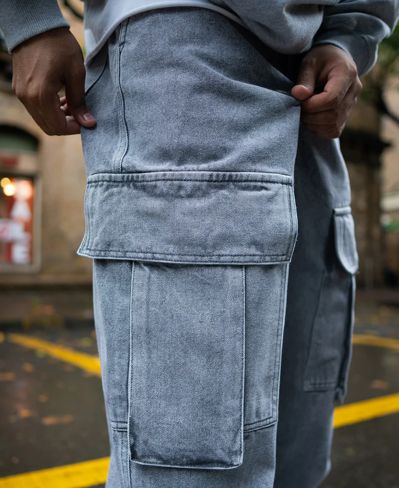 Charcoal Grey Baggy Fit Denim Jeans with Cargo Pockets 100% Cotton - Image 5