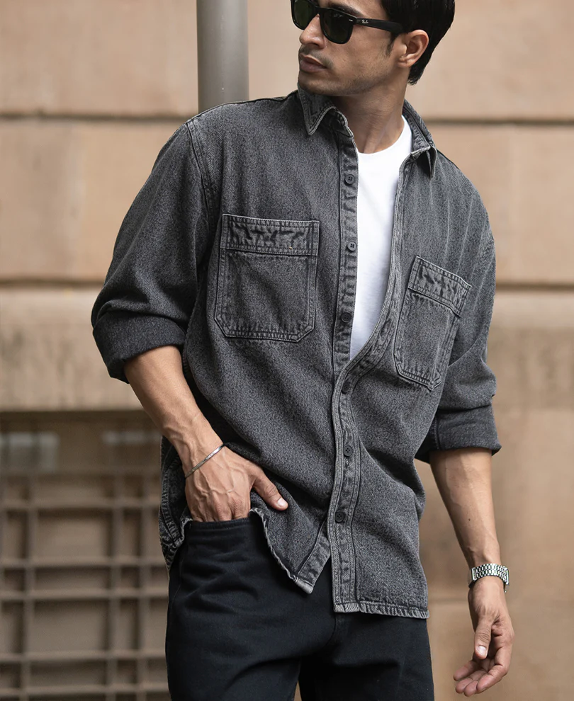 Charcoal Washed Denim Overshirt 100% Cotton - Image 3