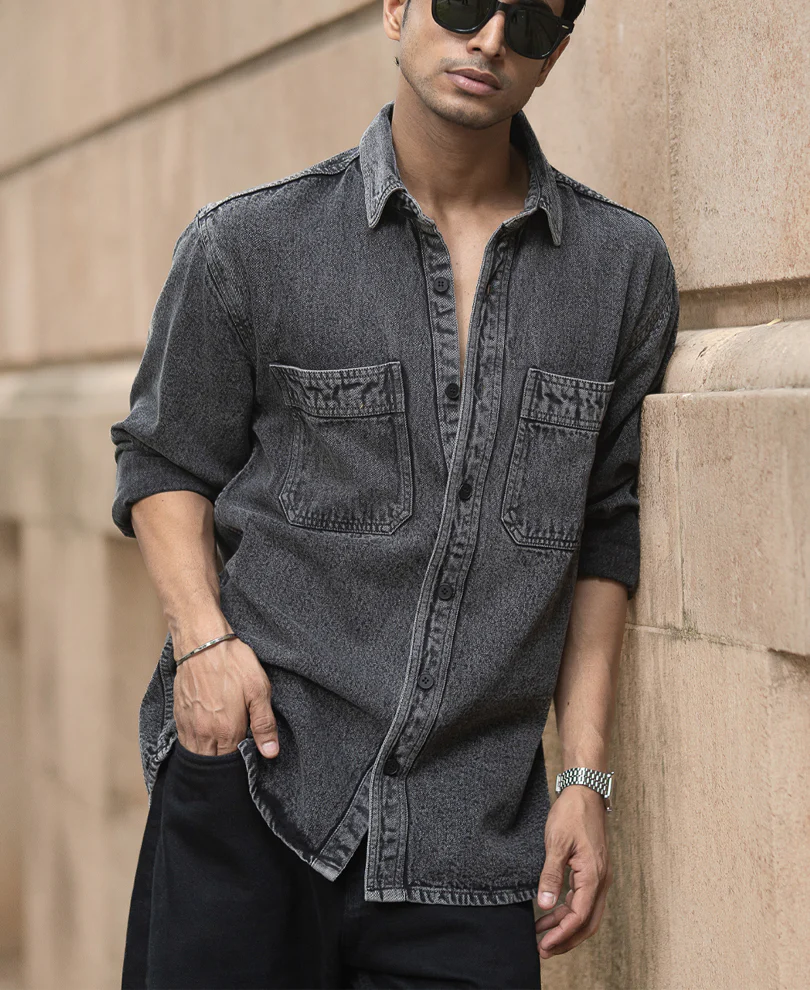 Charcoal Washed Denim Overshirt 100% Cotton - Image 4