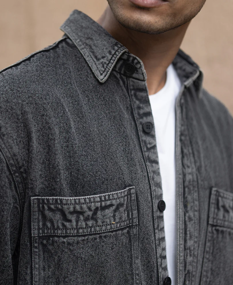 Charcoal Washed Denim Overshirt 100% Cotton - Image 5