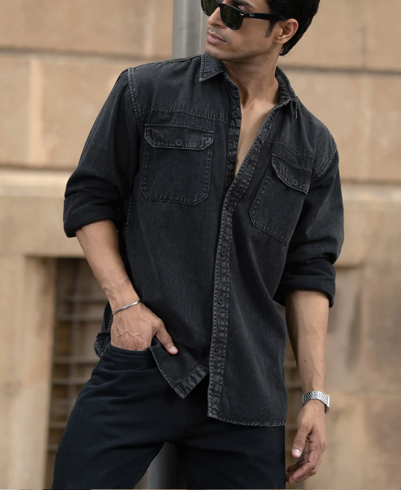 Charcoal Washed Denim Shirt 100% Cotton - Image 2