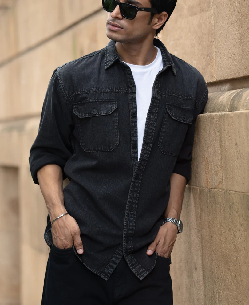 Charcoal Washed Denim Shirt 100% Cotton - Image 3