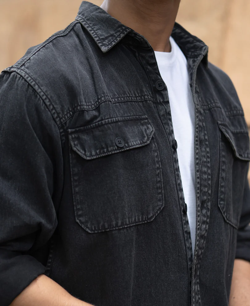 Charcoal Washed Denim Shirt 100% Cotton - Image 4