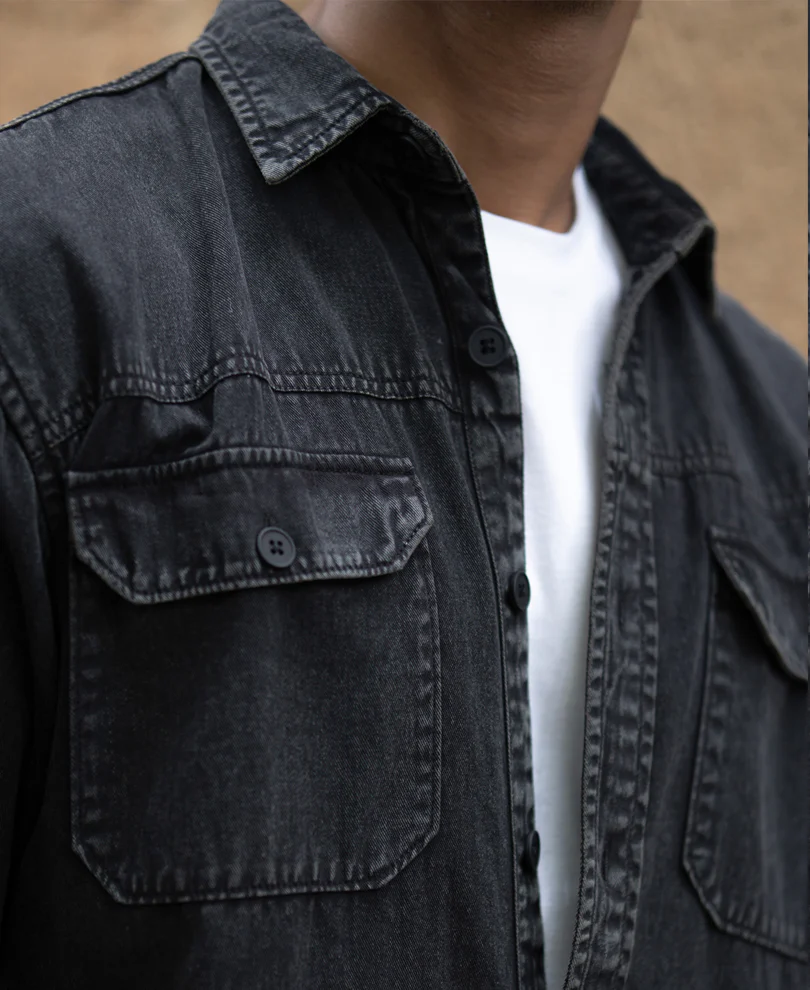 Charcoal Washed Denim Shirt 100% Cotton - Image 5