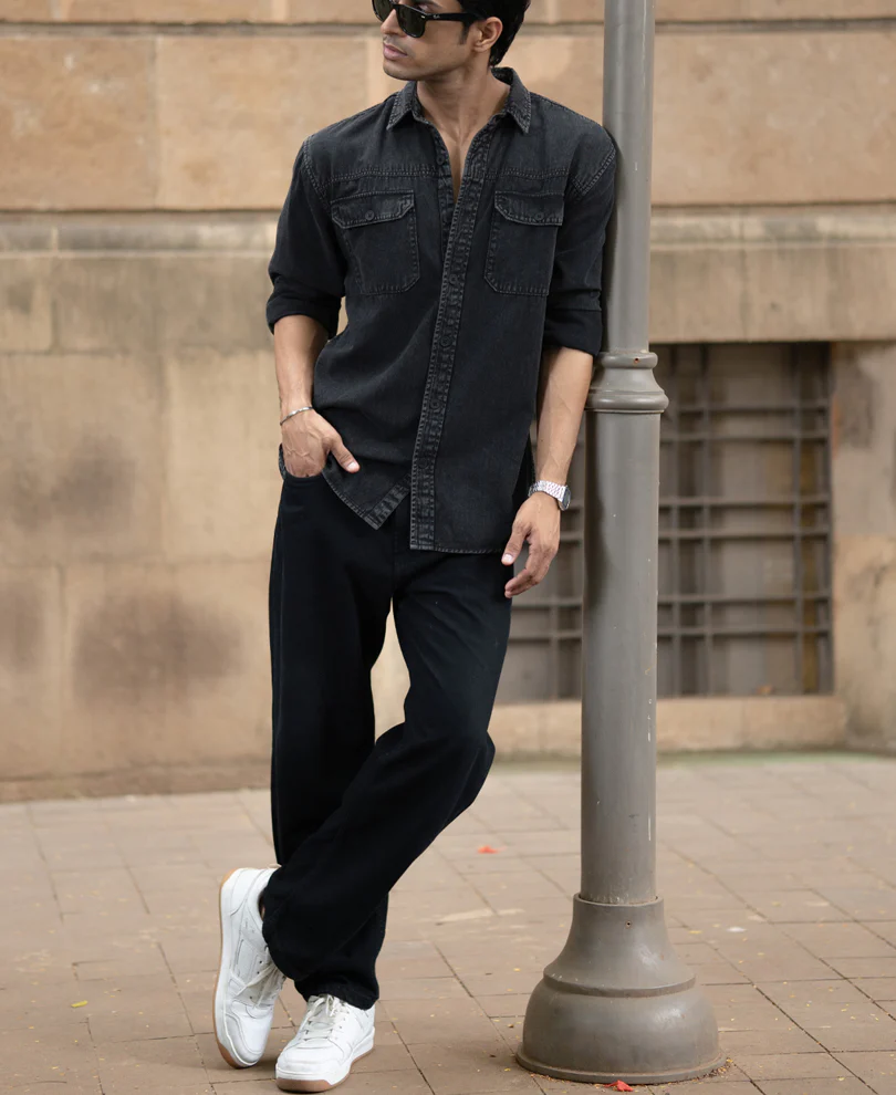 Charcoal Washed Denim Shirt 100% Cotton - Image 7