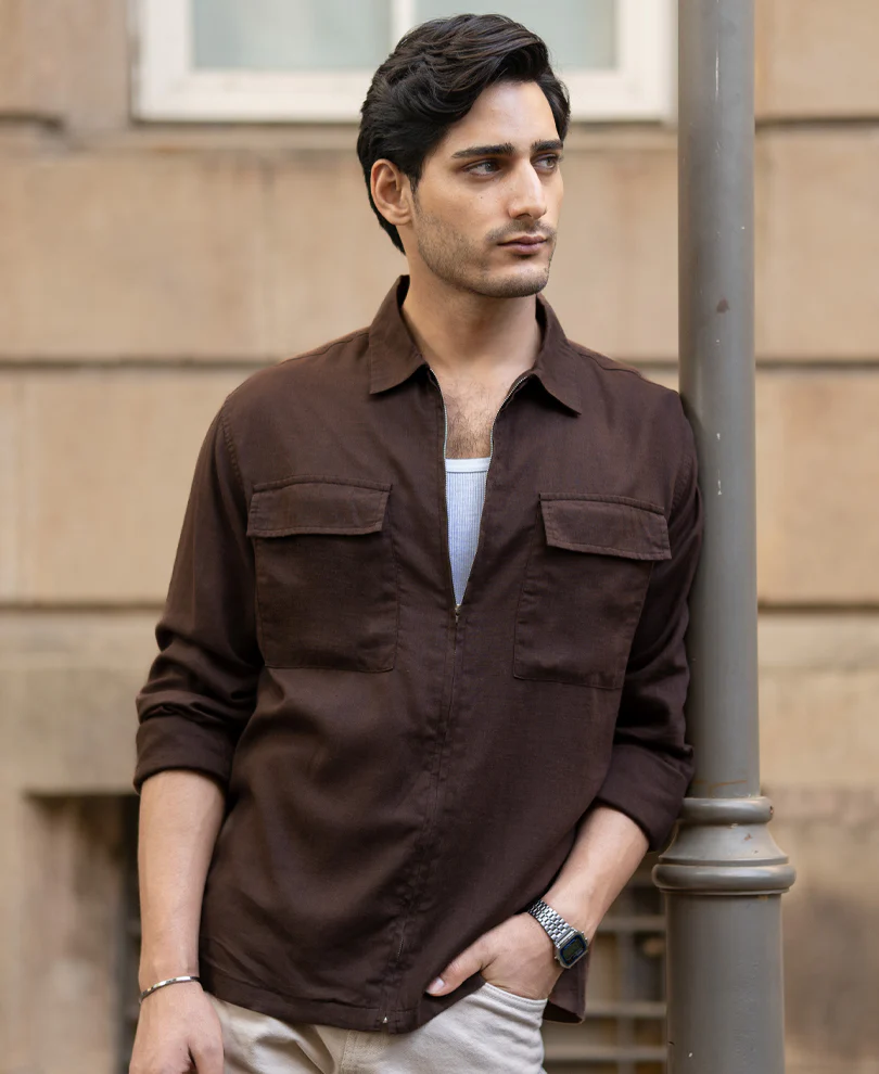 Coffee Brown Linen Blend Zipper Shirt - Image 2