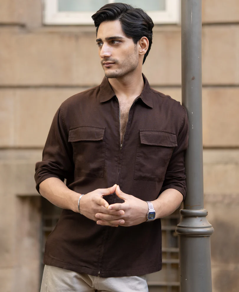 Coffee Brown Linen Blend Zipper Shirt - Image 3