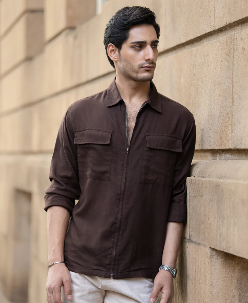 Coffee Brown Linen Blend Zipper Shirt - Image 4