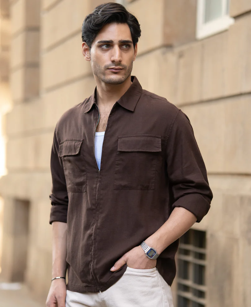 Coffee Brown Linen Blend Zipper Shirt - Image 5